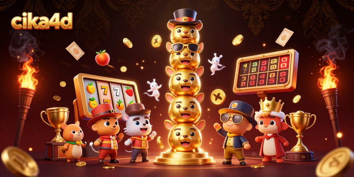 Engage with cika4d's vibrant slot games in this dynamic casino illustration featuring lively elements.
