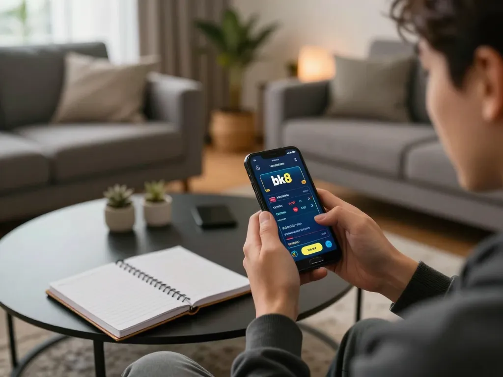 Person placing bets on the bk8 mobile app in a cozy living room setting