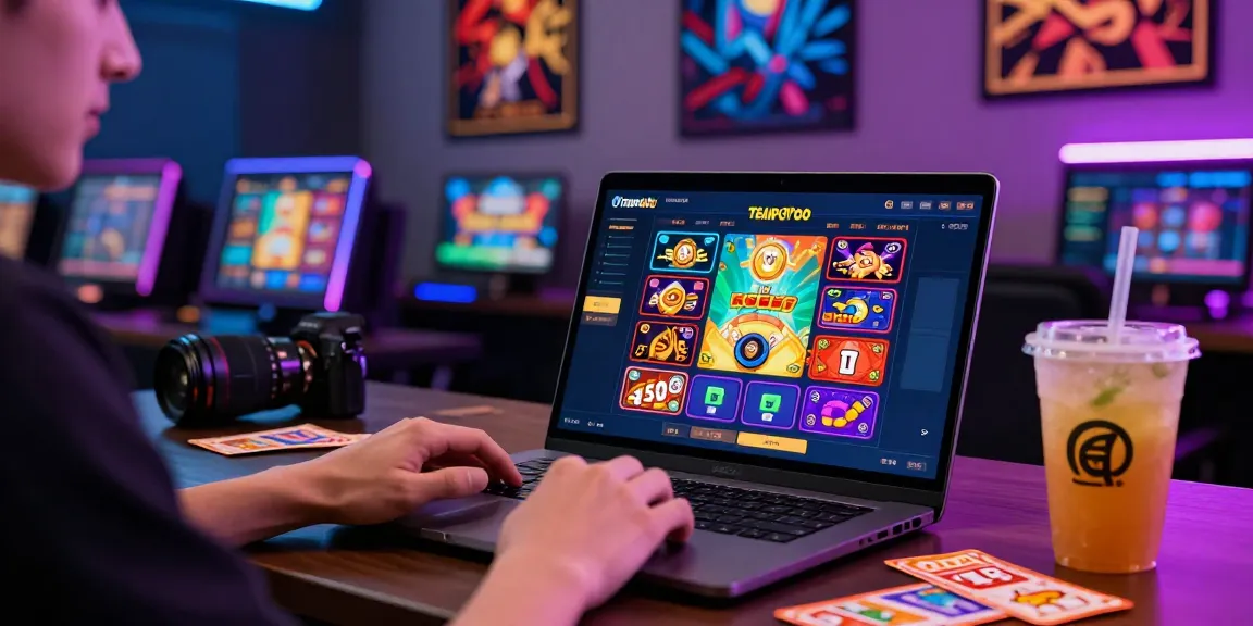 Engaging with tempototo on a laptop amid colorful online gaming graphics and lively atmosphere.