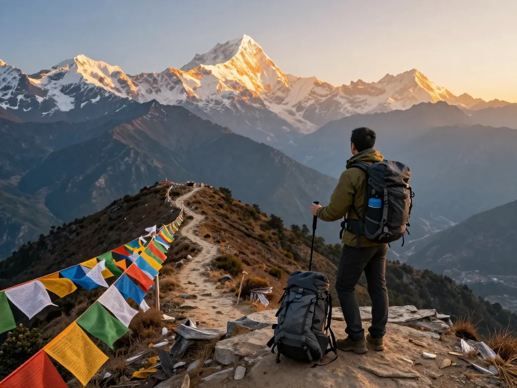Everest Base Camp Trek: Trekker at sunrise overlooking majestic mountains and winding trails.