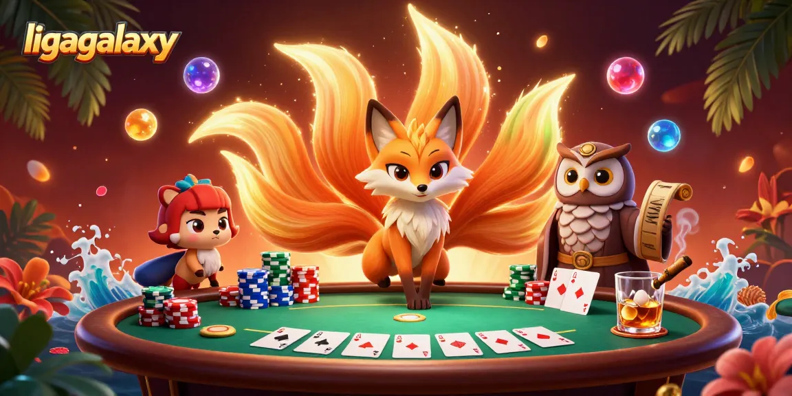 Menghadirkan ligagalaxy dalam ilustrasi kasino dengan semangat rubah ekor sembilan dan gambar poker yang mencolok.