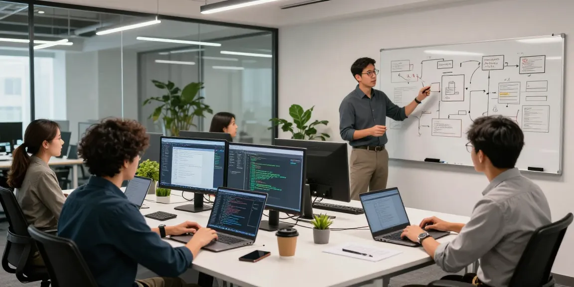 Dynamic software development team collaborating at telegraimin.com workspace, bright office with dual monitors displaying code.
