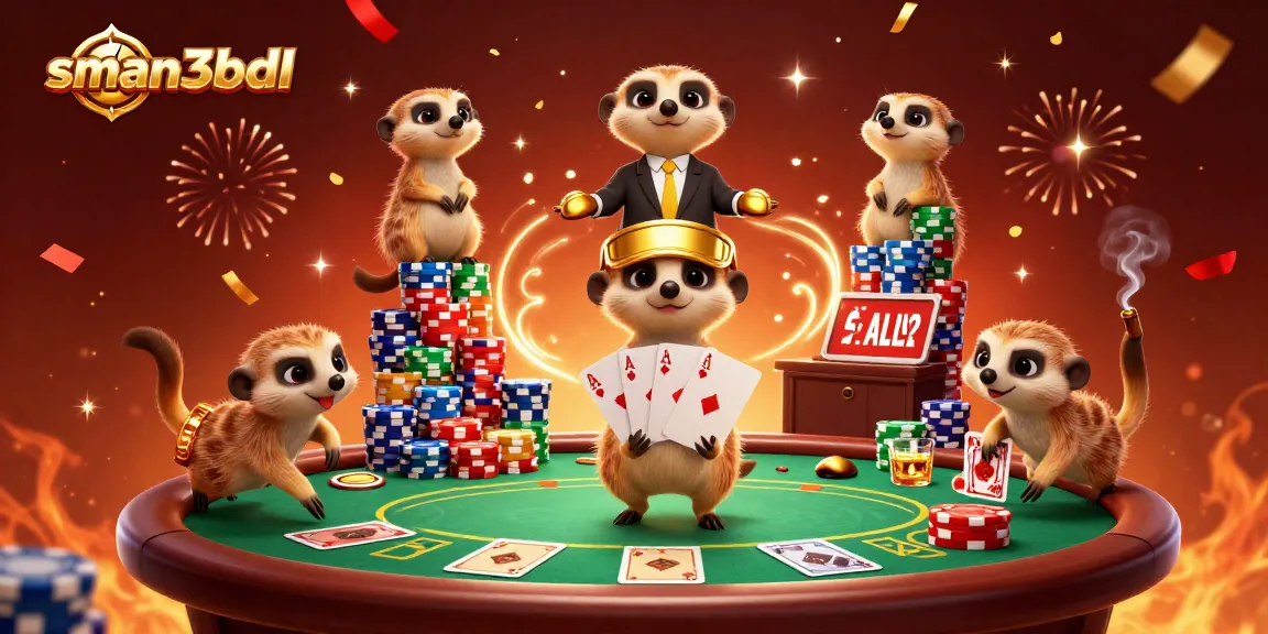Sman3bdl, kelompok meerkat bermain poker sambil merayakan kemenangan di kasino yang ramai.