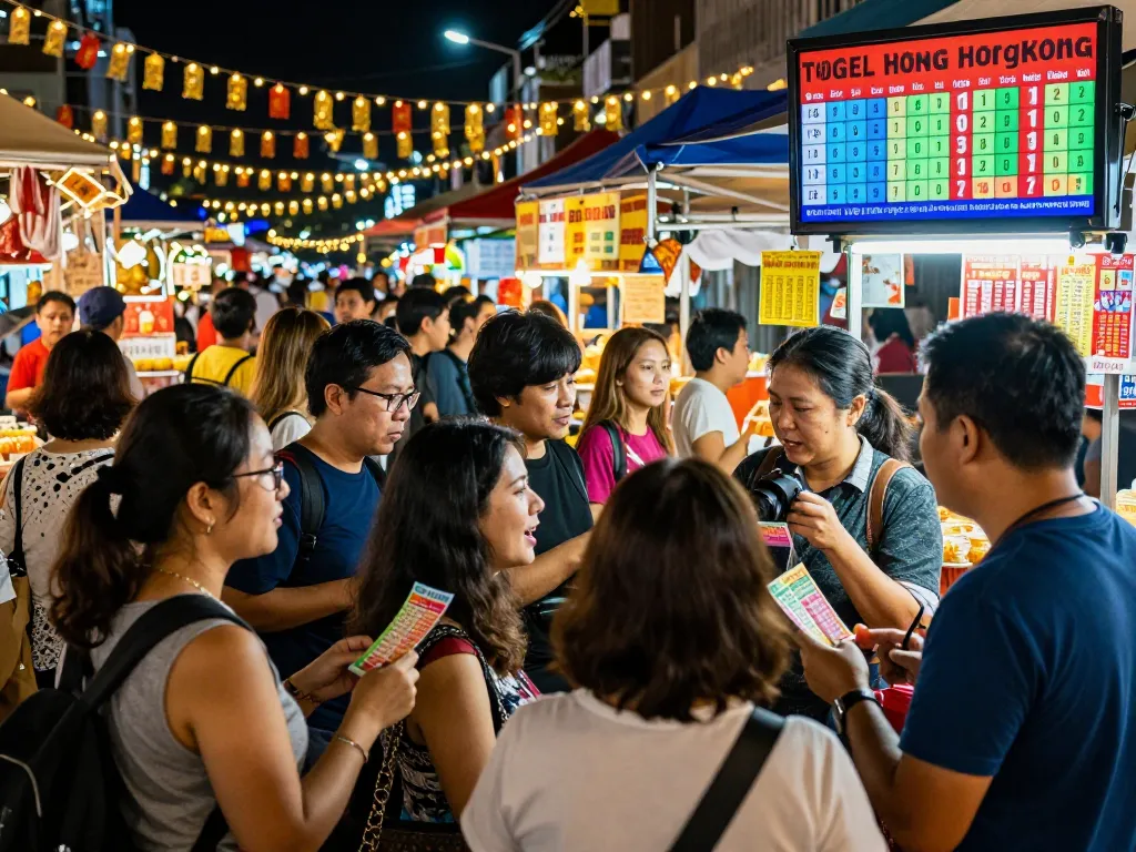 Excited crowd at a togel Hongkong booth during a vibrant night market.