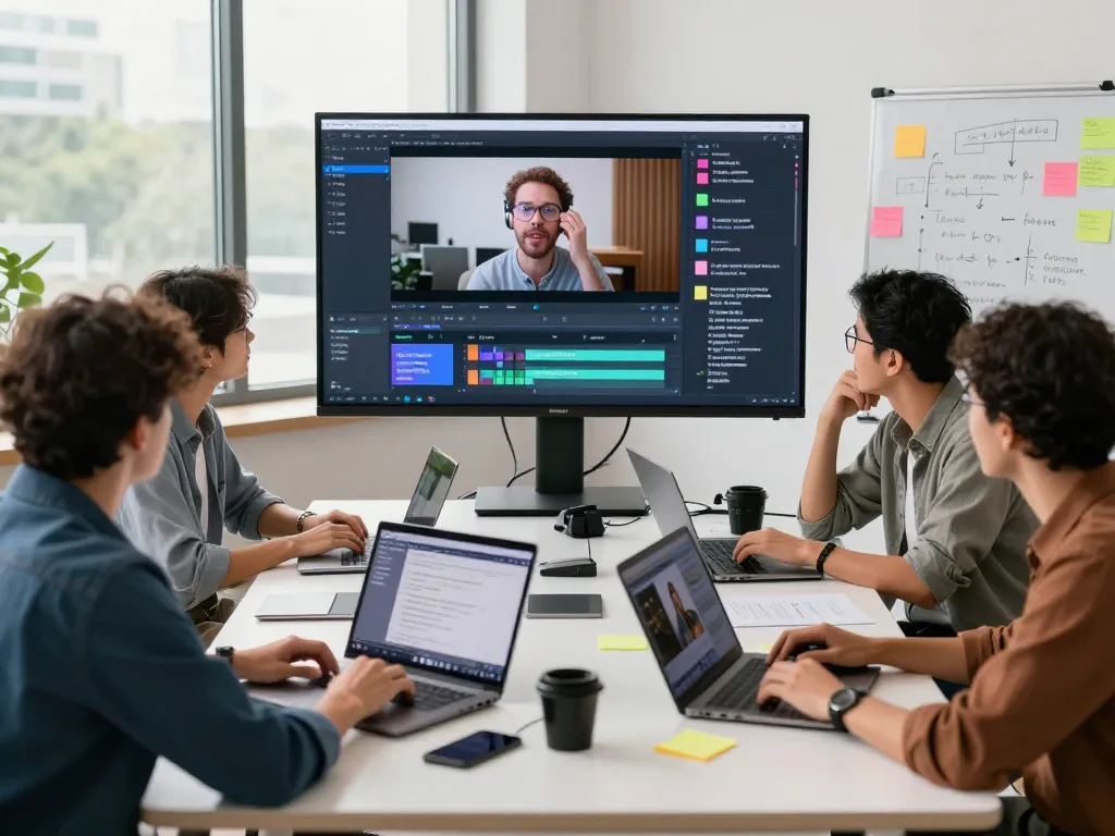Creative group collaboration on video to prompt ai technology with modern tools and vibrant atmosphere.