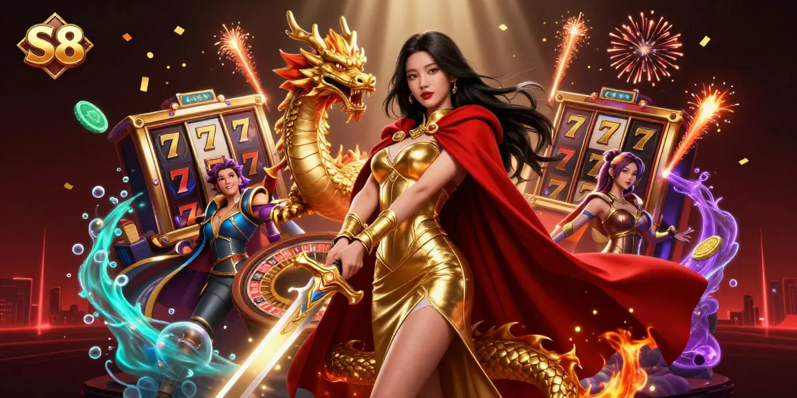 Experience excitement with S8's golden jackpot and charismatic queen in this vibrant casino scene.