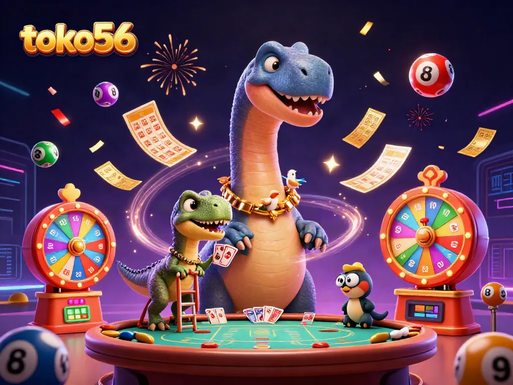Menangkan permainan dengan toko56, ilustrasi kasino kartun yang menampilkan dino dan elemen permainan.
