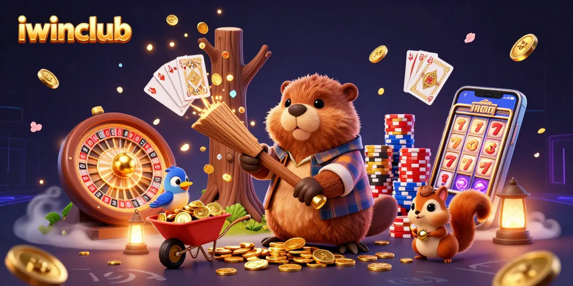 Play exciting games at iwinclub as the cartoon characters collect golden coins and celebrate wins amidst casino elements.