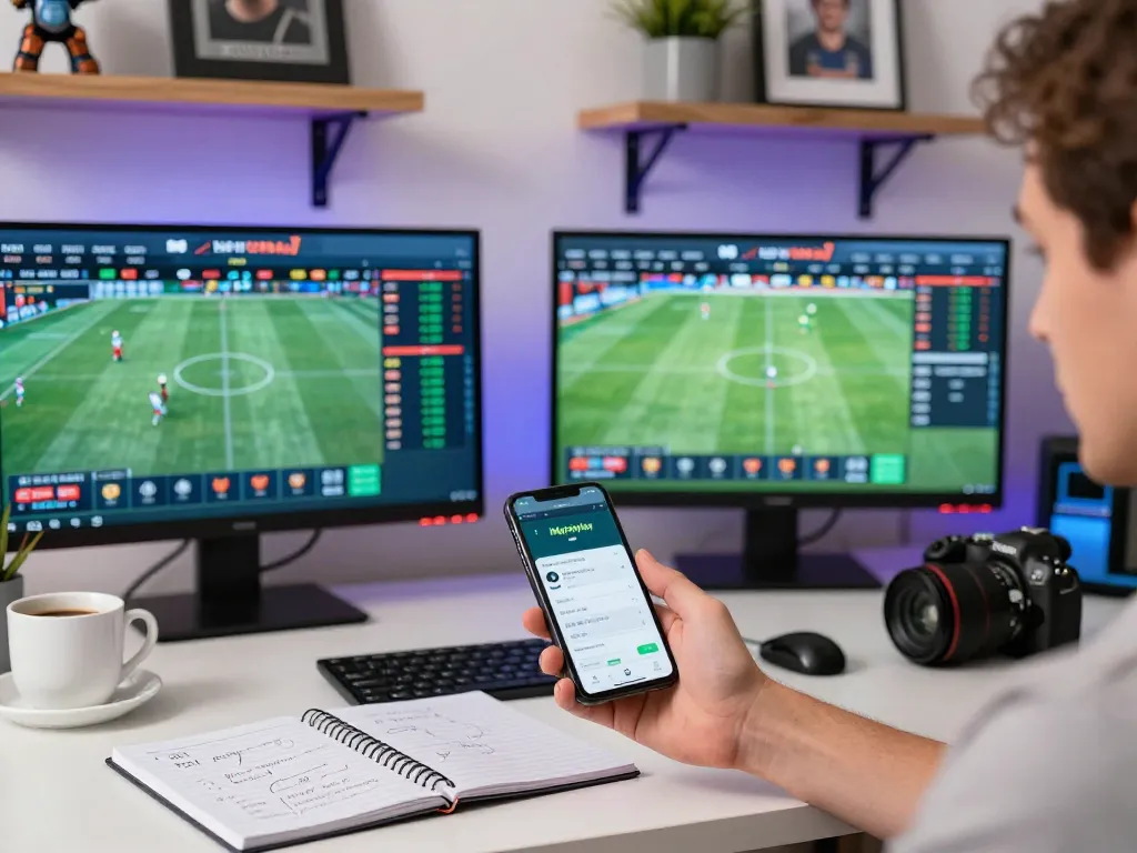 Engaging Myfairplay app scene with user placing bets at a stylish home desk, vibrant sports decor.