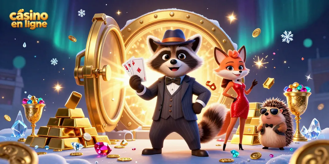 Vivez une expérience de casino en ligne dynamique avec un raton laveur en costume, une renarde séduisante et un hérisson bouncer, entourés de richesses.