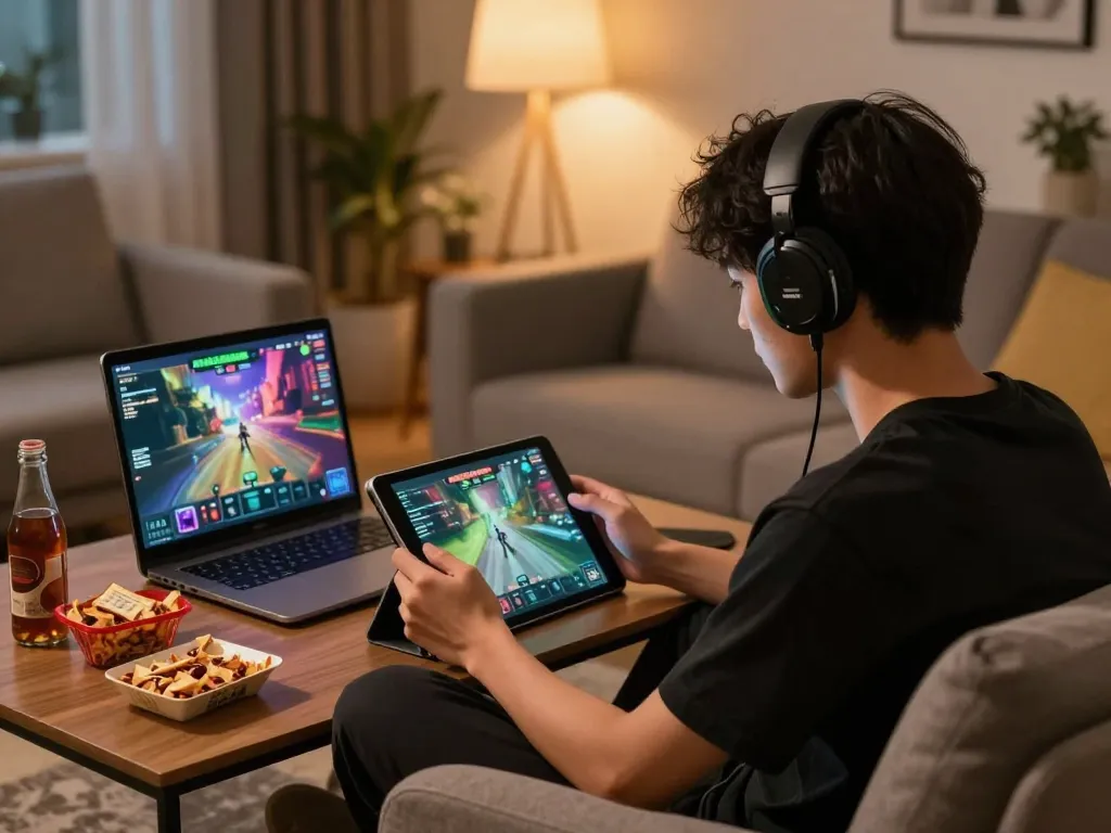 Engaging with nsfw games apk on a tablet in a cozy living room filled with snacks and soft light.