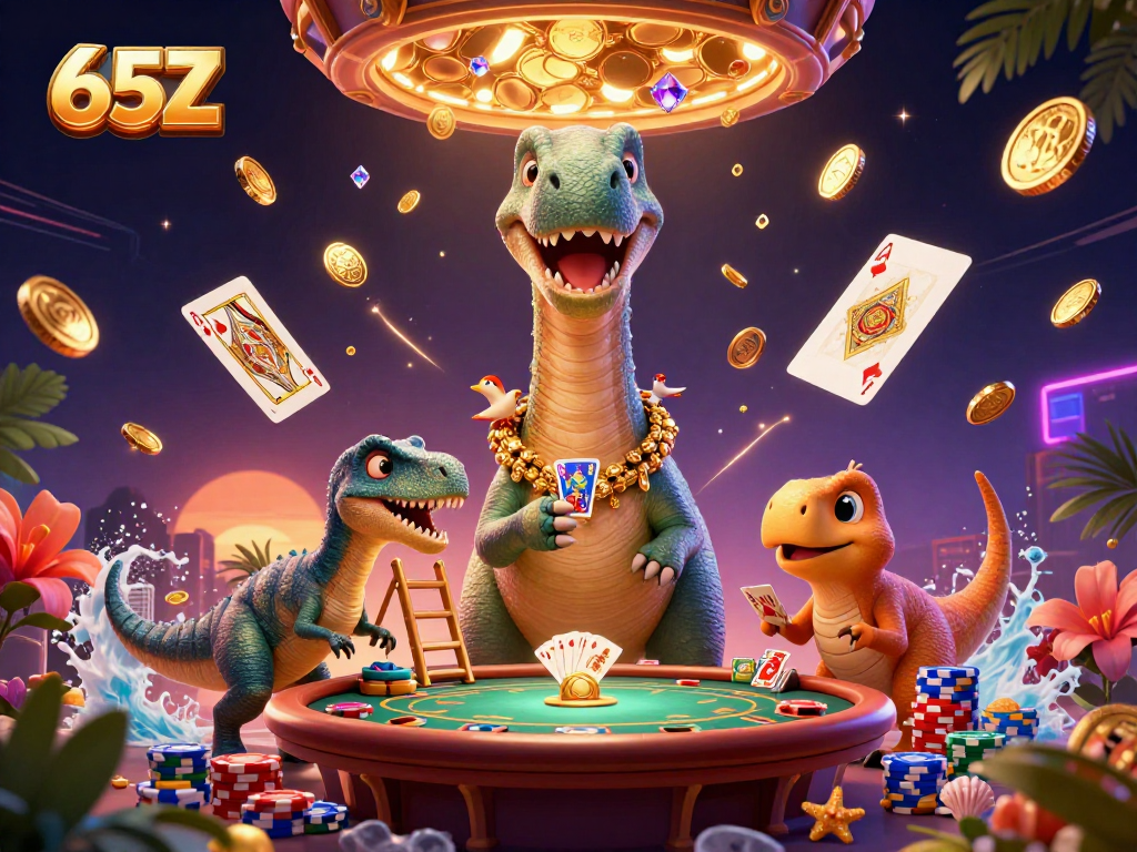Jogando 65Z em um cassino animado com dinossauros e fichas de poker brilhantes.