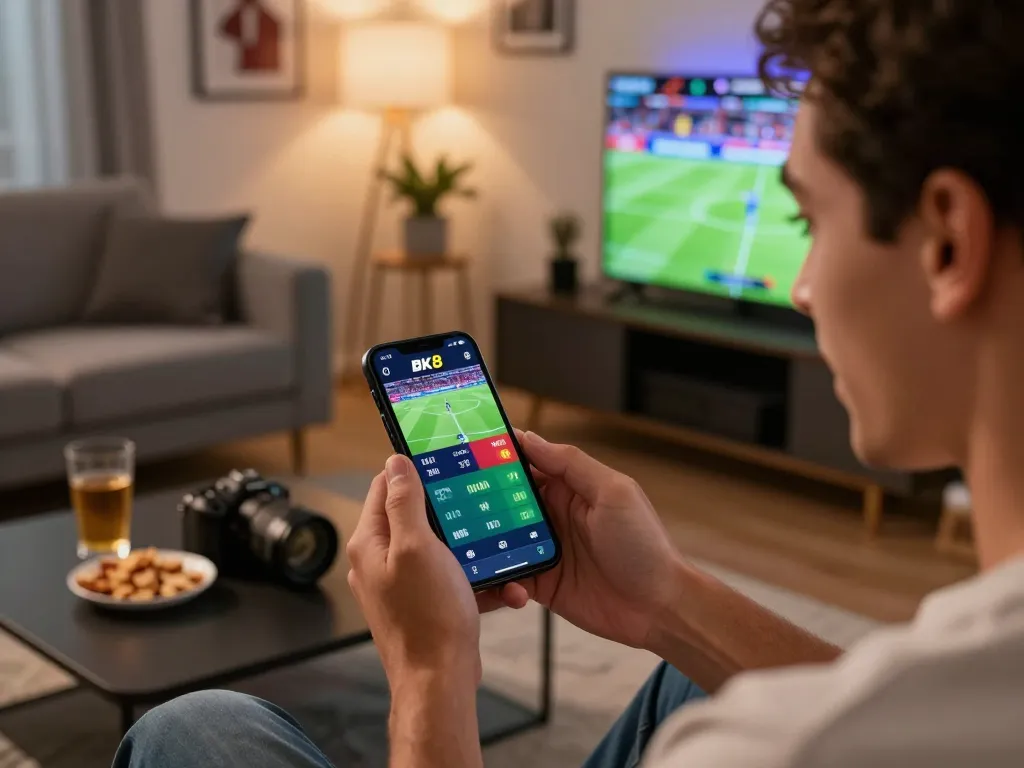 Experience the excitement of sports betting with BK8 on a mobile app in a cozy home setting.