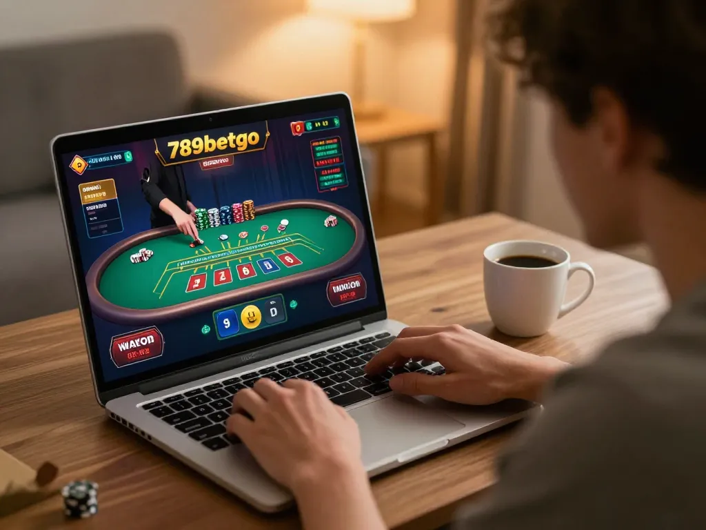 Engaging in thrilling gameplay at 789betgo with a live dealer on screen, showcasing strategic betting.
