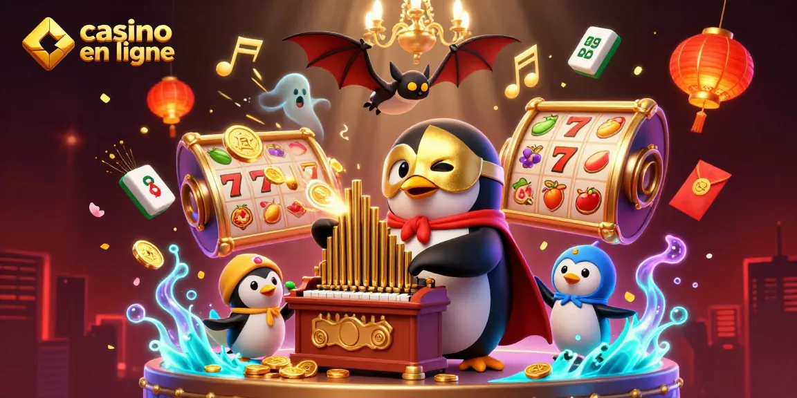 Jouez au casino en ligne avec des machines à sous animées et des symboles chanceux dans une scène dynamique.