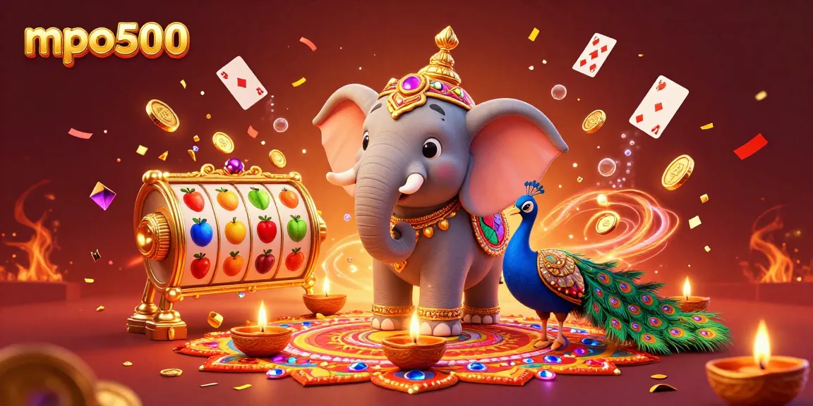 Spin the reels with mpo500's vibrant 3D illustration showcasing a Diwali-themed elephant and a peacock surrounded by shimmering gems.