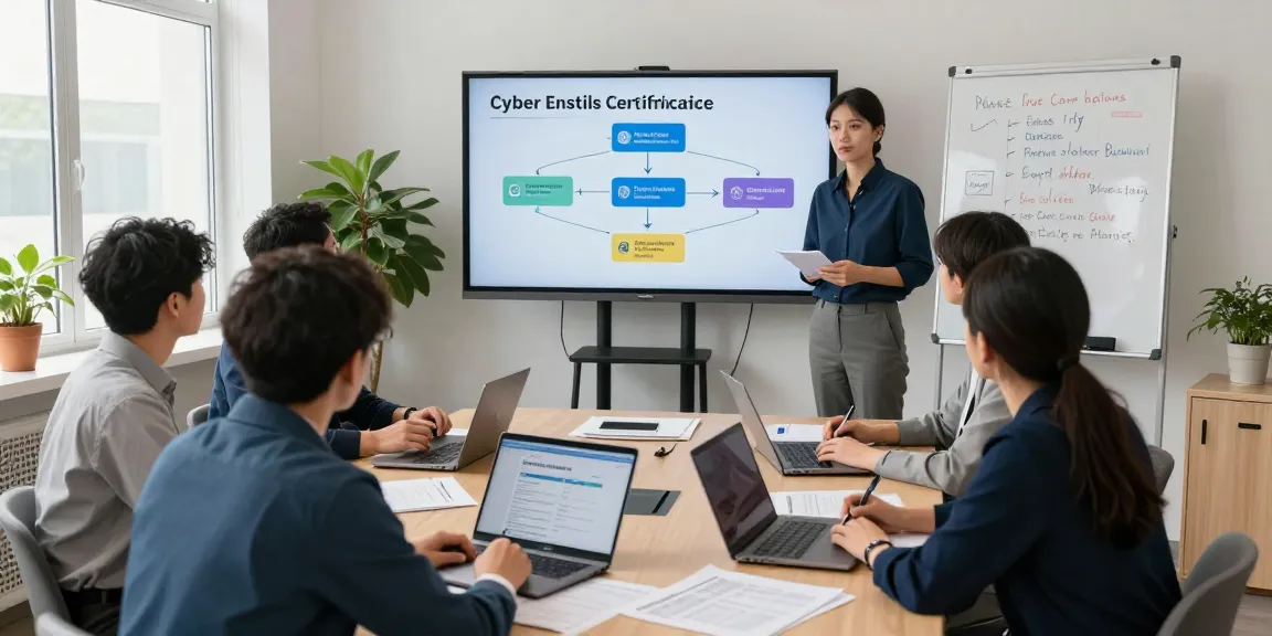 Cyber Essentials certification presentation with a consultant guiding small business owners through the compliance process in a bright office.