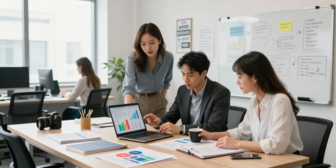 Business professionals strategizing guest posting services with data analysis and marketing materials