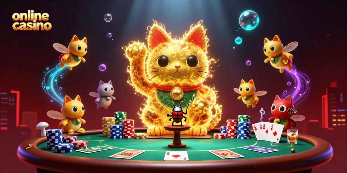Experience the excitement of an online casino with vibrant visuals of golden fireflies and gaming elements.