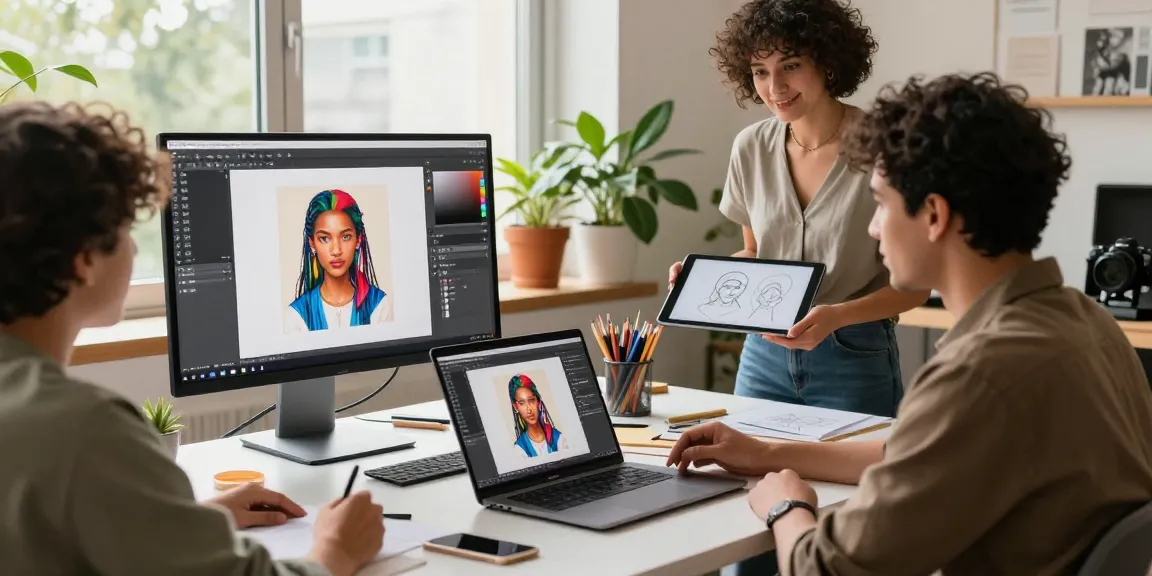 Diverse artists collaborating with Nano Banana 2 AI editor, vibrant art on screens, and natural lighting.