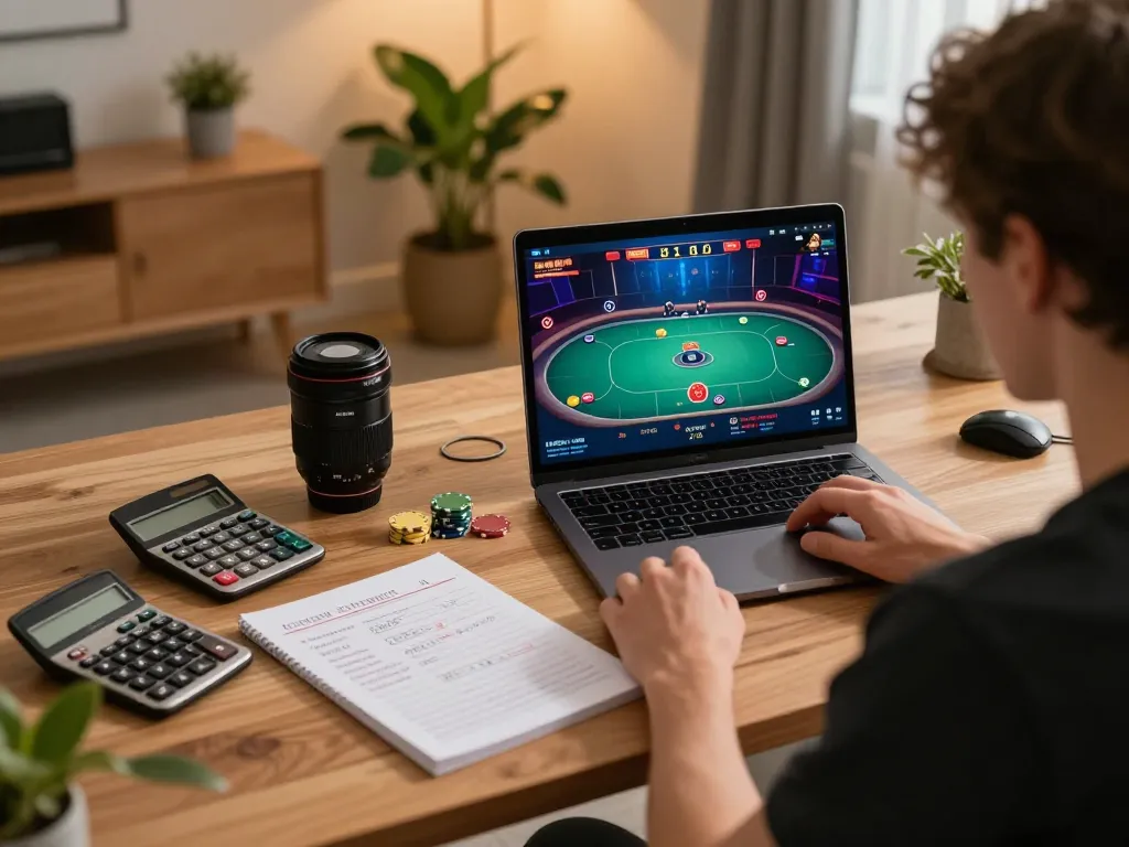 Onbet player strategizing in an online poker game at home, laptop showing vibrant interface.