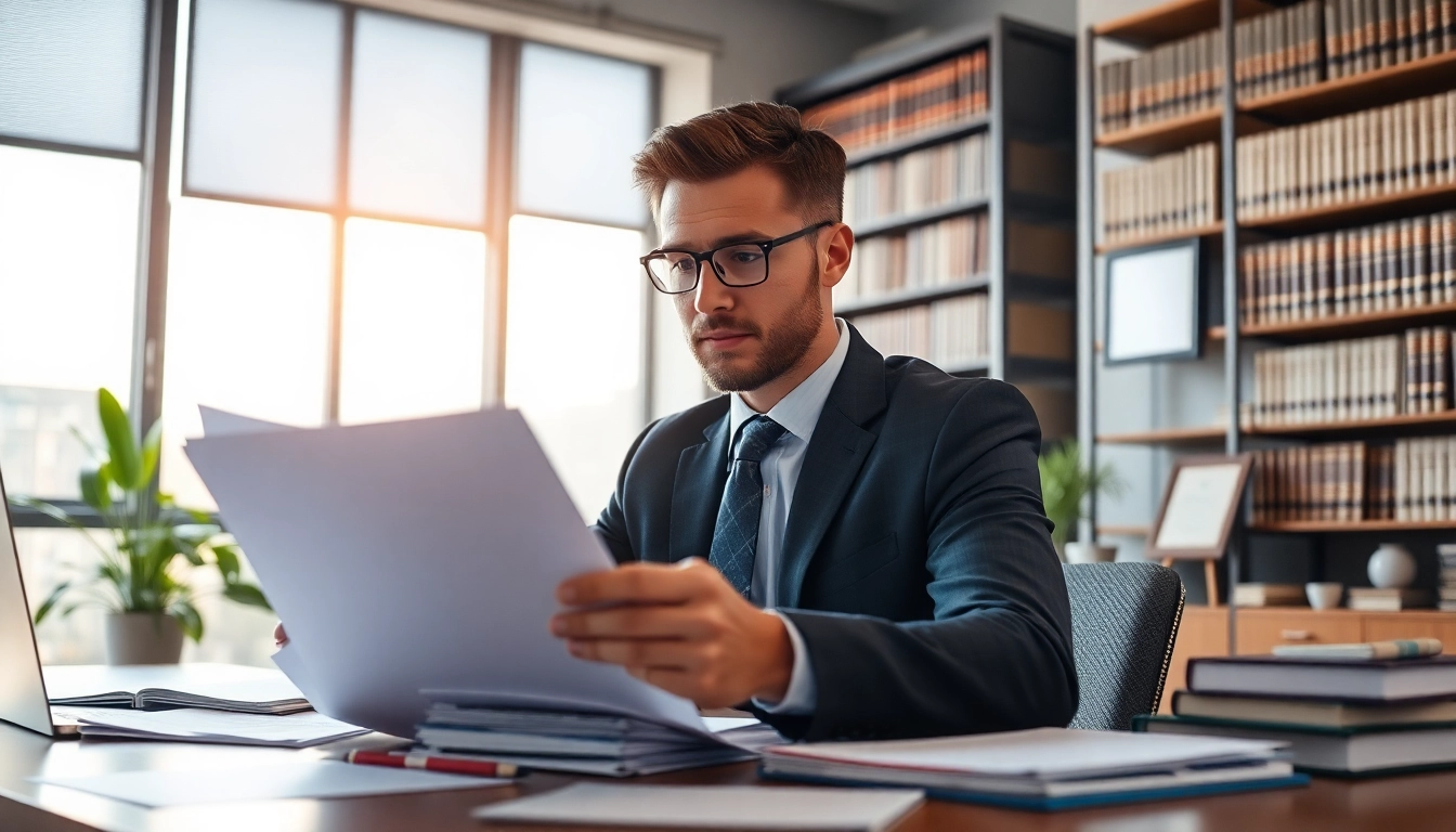 Clearwater truck accident lawyer intensely analyzing case files in an office.
