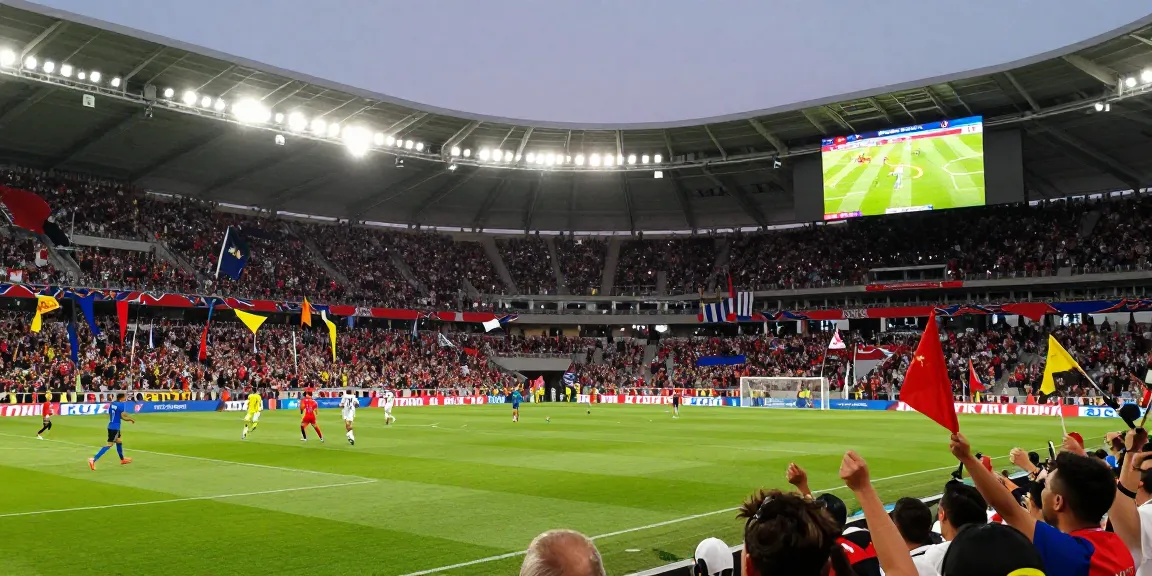 Suasana pertandingan sepak bola dengan tebak skor piala dunia 2026 yang ramai di stadion penuh penonton.