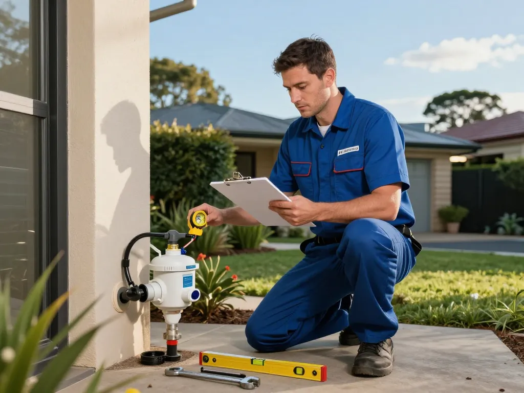 Plumber conducting backflow prevention servicing at a Sydney home, ensuring safe water supply.