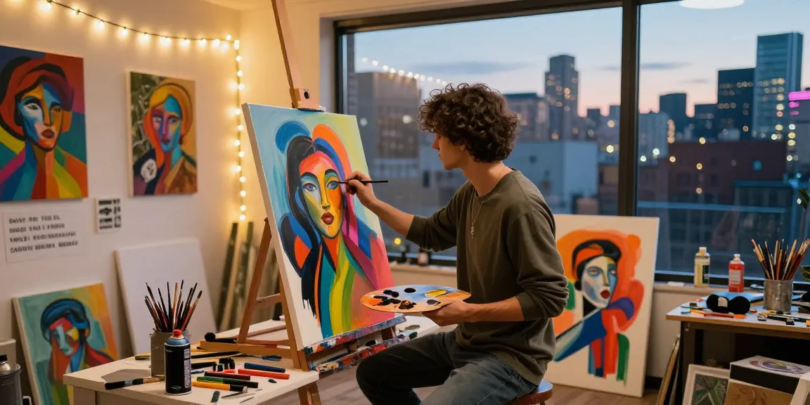 NSFW art scene showing vibrant painting process in urban studio with creative tools