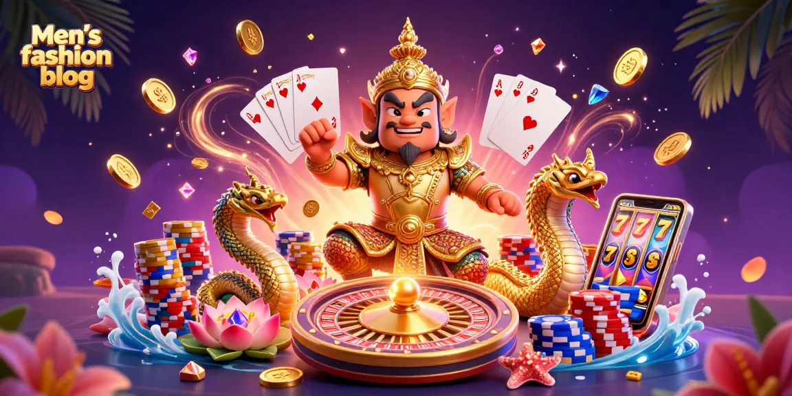 Bet on excitement with this Men’s fashion blog illustration showcasing golden gambling elements and vibrant imagery.