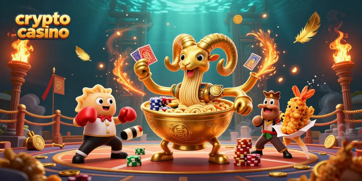 Gioca nel crypto casino con un'illustrazione vivace e coinvolgente, dove un grande ramen oro è al centro.