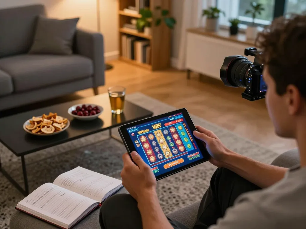 Player enjoying vipwin online slot games on a tablet in a cozy home setting.