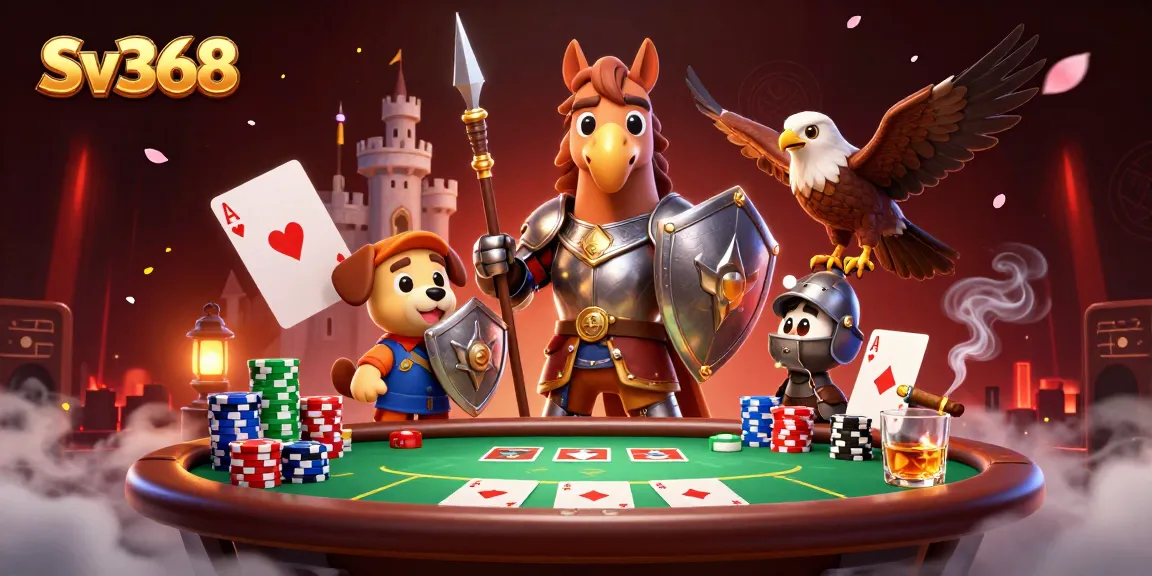 Sv368 Poker showdown featuring a knight, puppy squire, and falcon in a dynamic casino setting.
