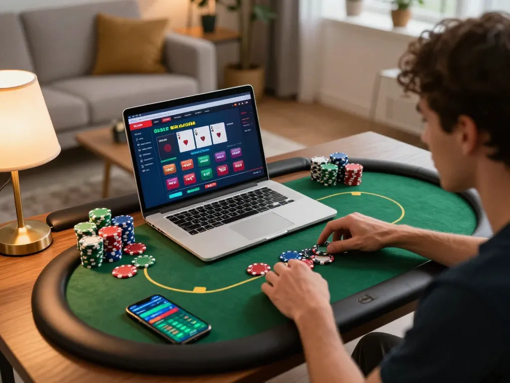KJC online gaming experience with a player engaged at a laptop, colorful chips visible.