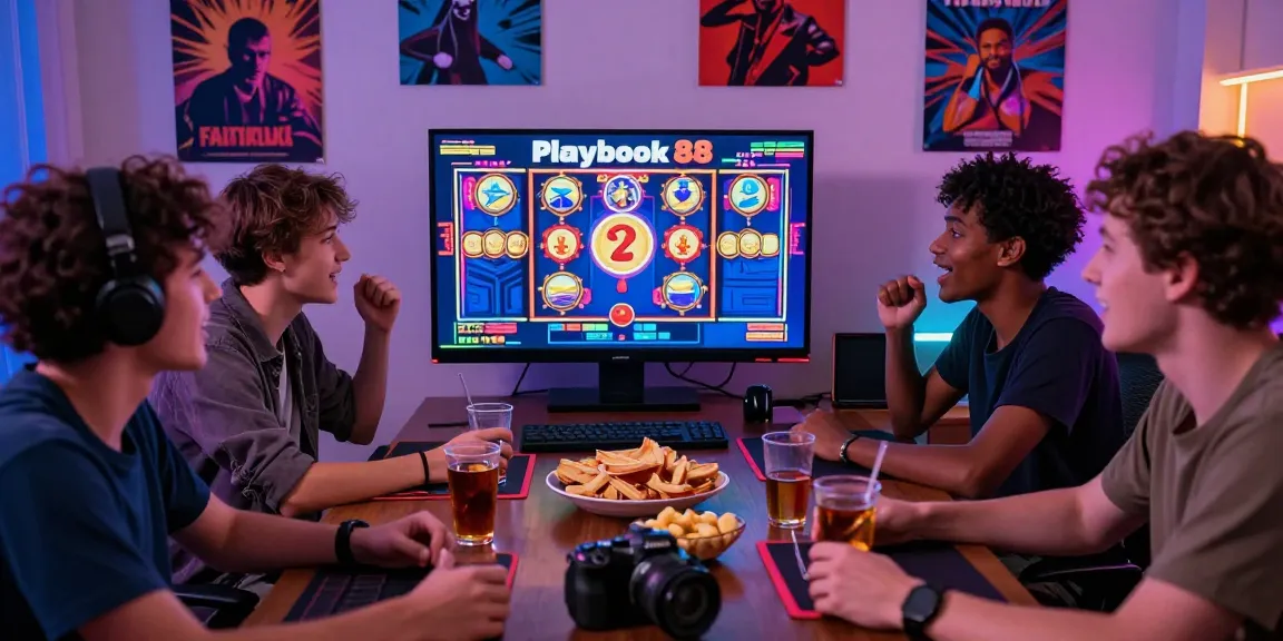 Group enjoying Playbook88 online slot game together, vibrant and engaging atmosphere.