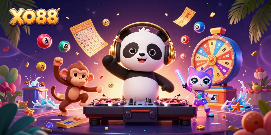 Experience the lively scene of XO88 with colorful characters engaging in casino fun surrounded by lottery excitement.