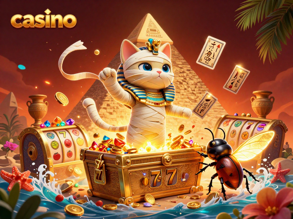 Engage in casino gaming with 3D Egyptian mummy cat and treasures bursting from a pyramidal scene.