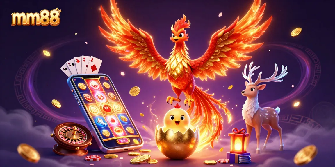Experience the thrill at mm88 with iconic gambling elements surrounding a majestic phoenix scene.