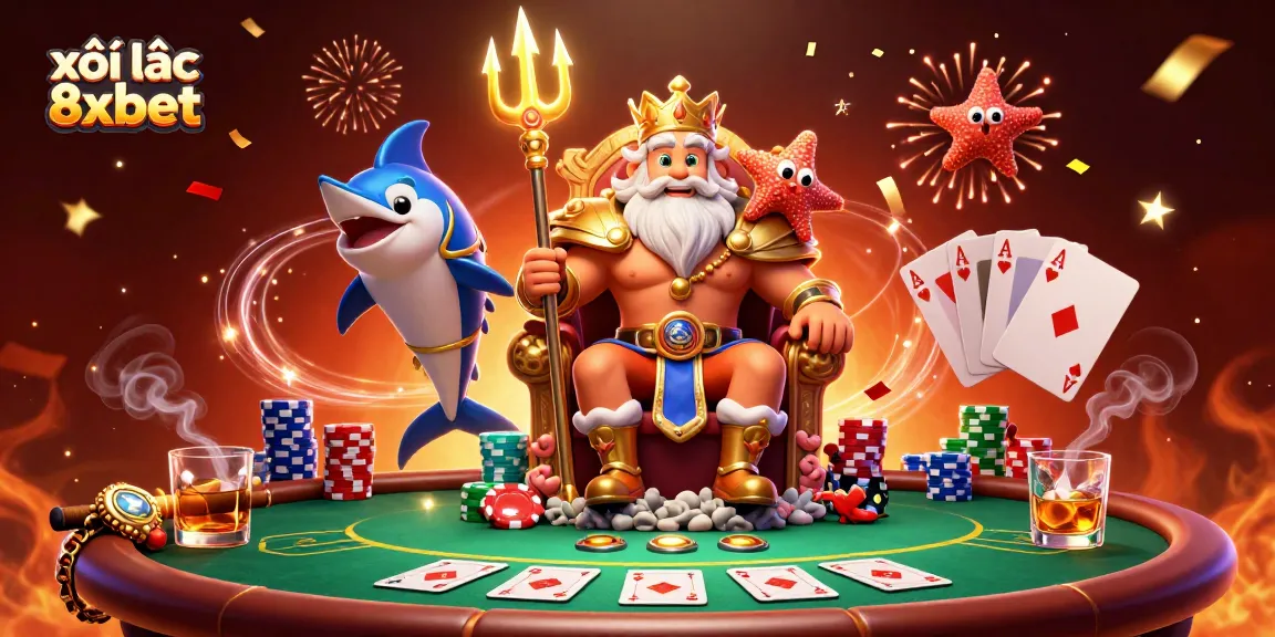 Experience the excitement of xôi lạc 8xbet with Neptune and poker elements in an energy-filled casino scene.