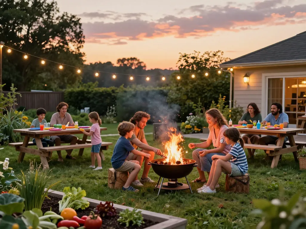 Family enjoying a summer evening barbecue while using Best Mosquito Repellent for protection against bugs.