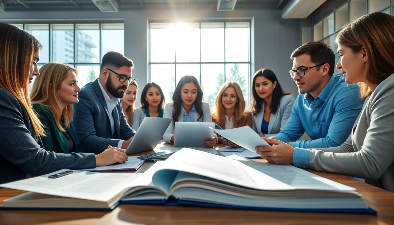 Collaboration on contracts and grants in a vibrant office environment with diverse professionals.