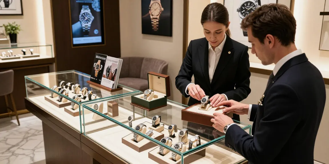 Showcase of rolex super clone watches in a luxurious boutique with elegant decor.