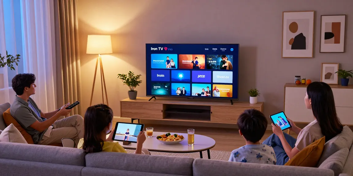 Family enjoying Iron TV Pro streaming in a cozy living room with Smart TV.