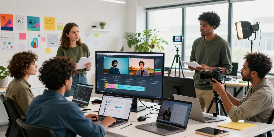 Team of creators collaborating on ai seedance 2.0 video projects in a modern workspace.