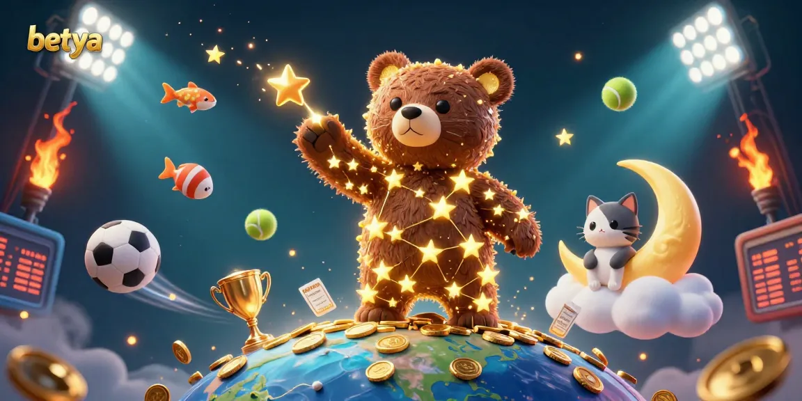 Experience the excitement of sports betting with betya, featuring a constellation bear amidst sports elements.