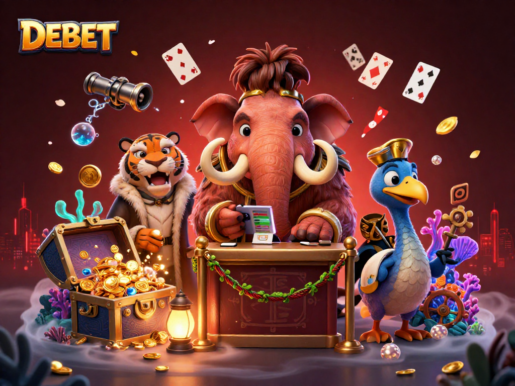 Engage in DEBET gaming action featuring a vibrant casino scene with cartoon mammoth bouncer and treasure