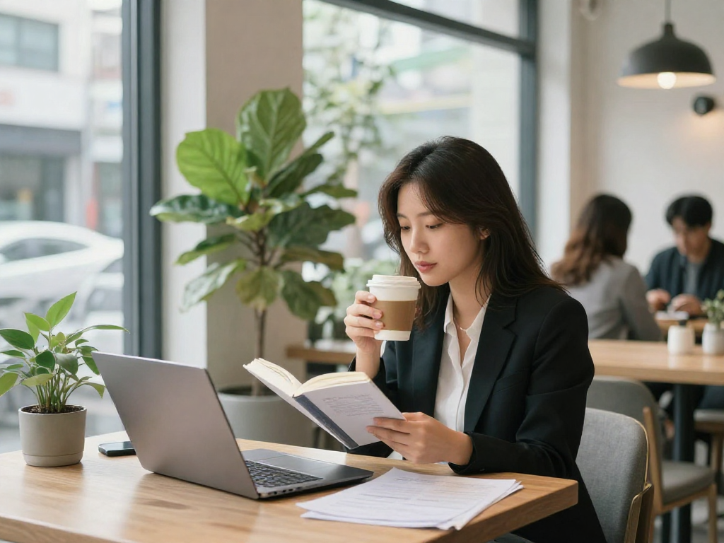 강남쩜오의 아늑한 분위기의 카페에서 한 여성이 편안하게 독서를 하며 커피를 즐기는 모습