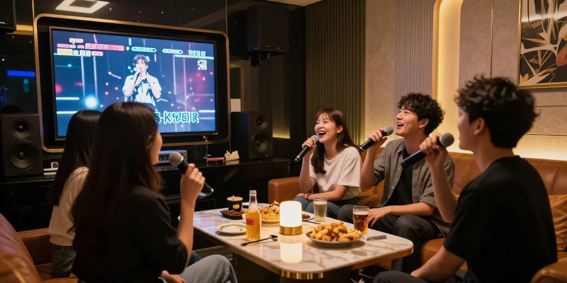 엘리트 가라오케의 프라이빗 룸에서 즐겁게 노래하는 장면