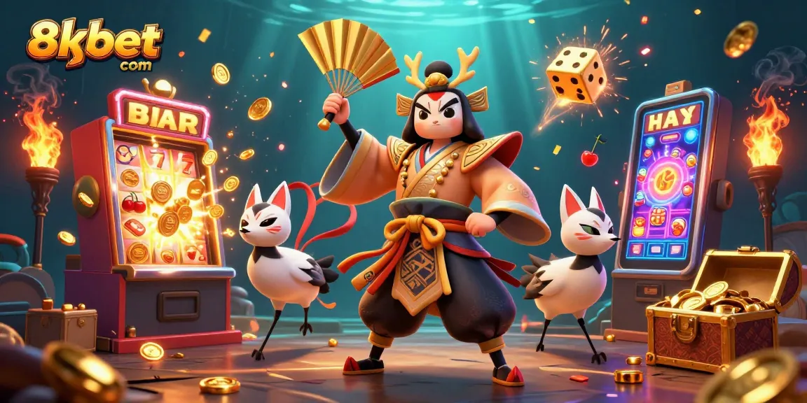 Experience the excitement of 8xbet com with a vibrant jackpot scene, featuring a kabuki warrior and rich casino elements.