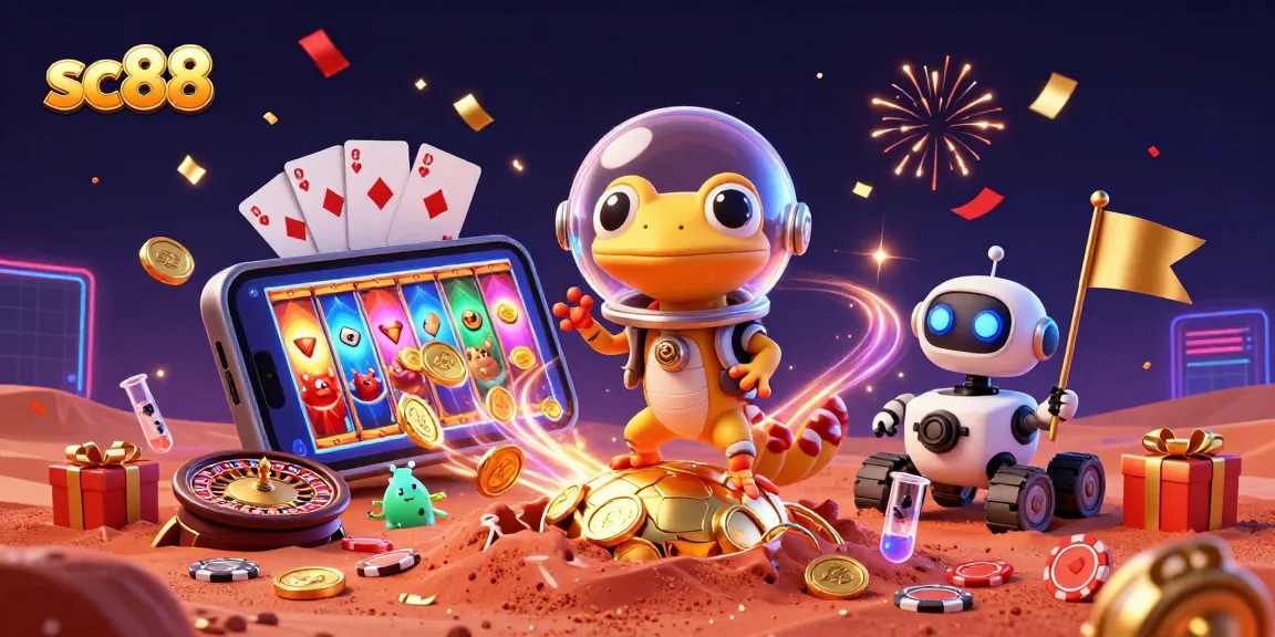 Experience sc88 with a vibrant 3D illustration showcasing a Martian gecko celebrating a golden casino discovery.